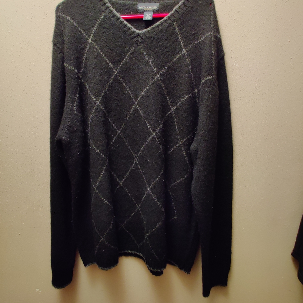 Men's Black Argyle Shetland Wool Sweater Size XL Bowen & Wright
